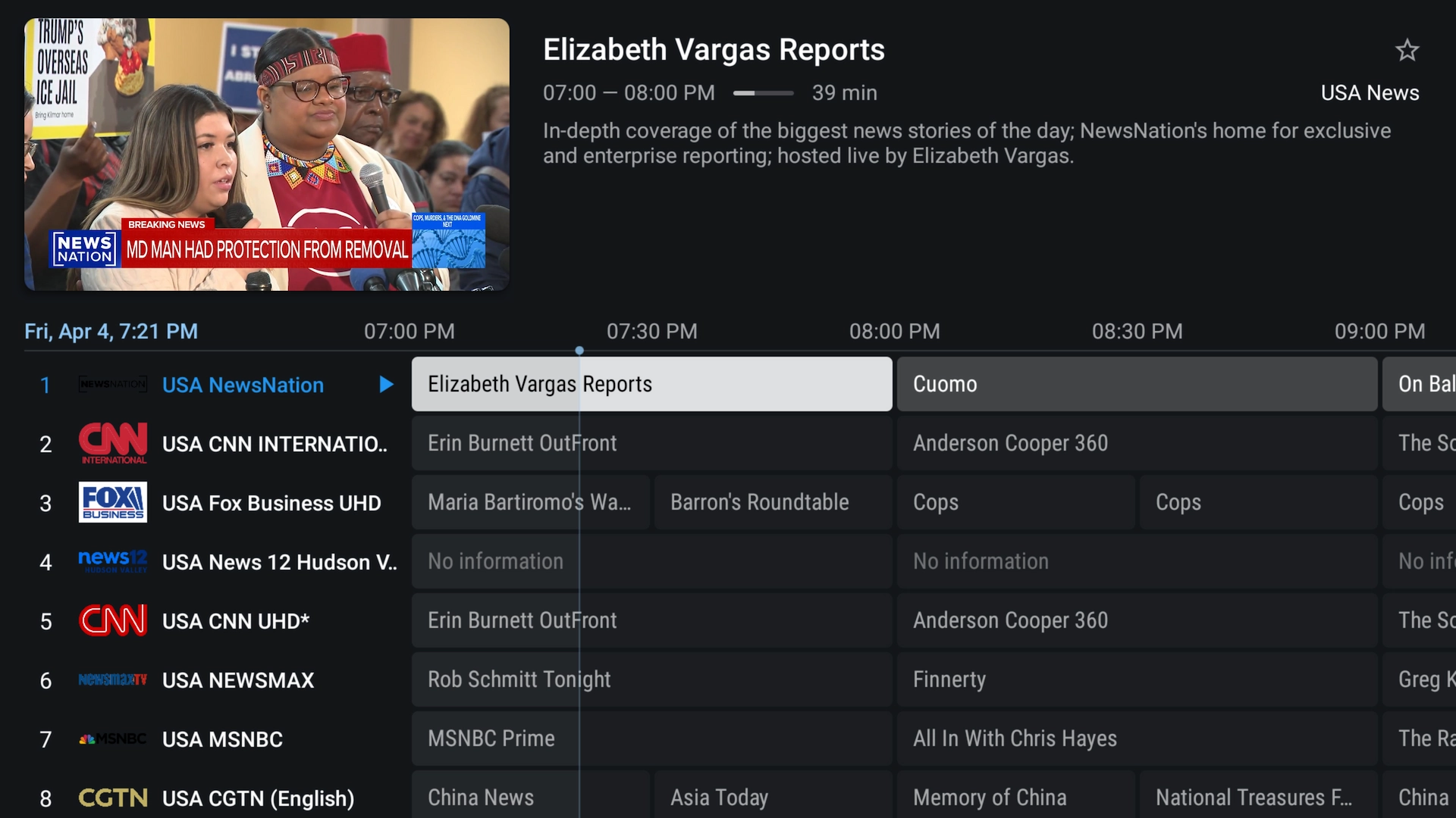 Full-screen TV guide in Free TiviMate Premium
