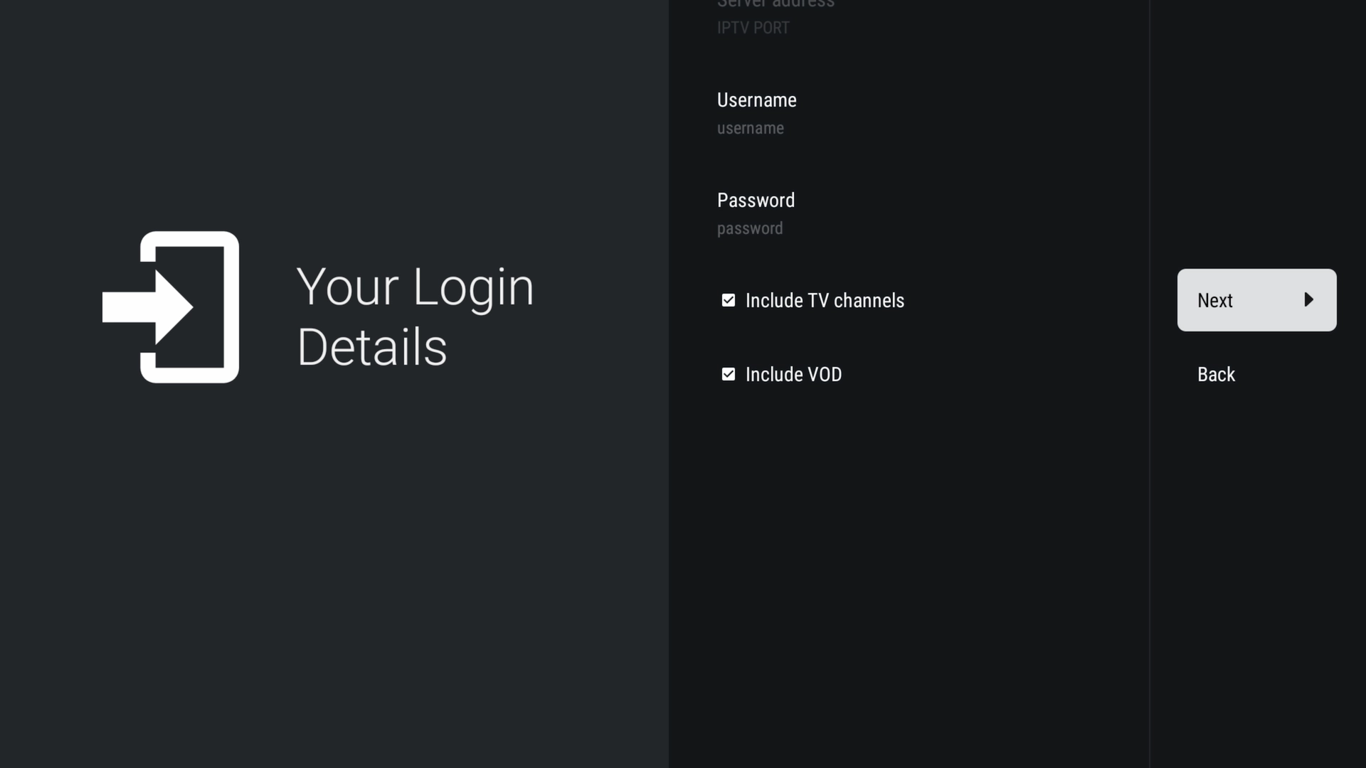 Entering IPTV username and password into Free TiviMate Premium