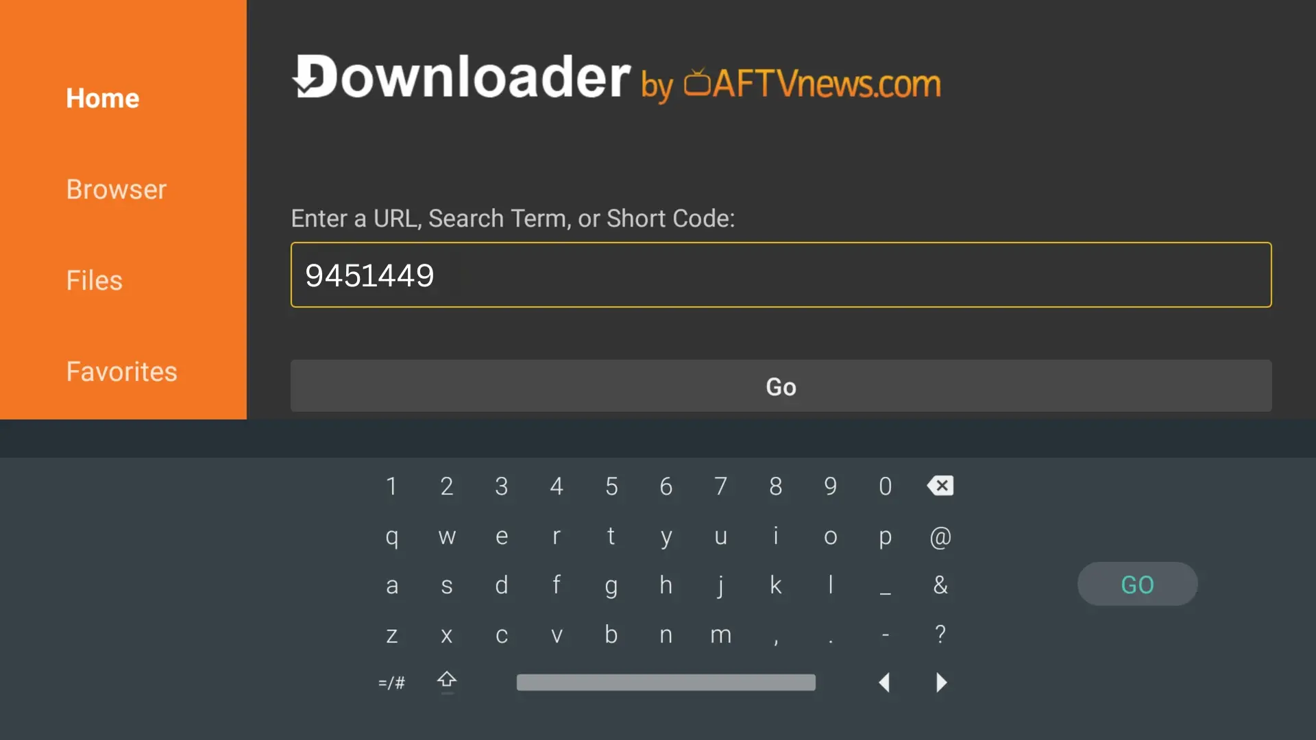 Downloader code 9451449 entered with Go highlighted