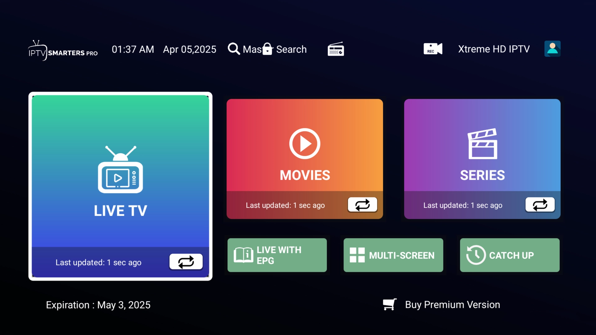IPTV Smarters home screen after setup