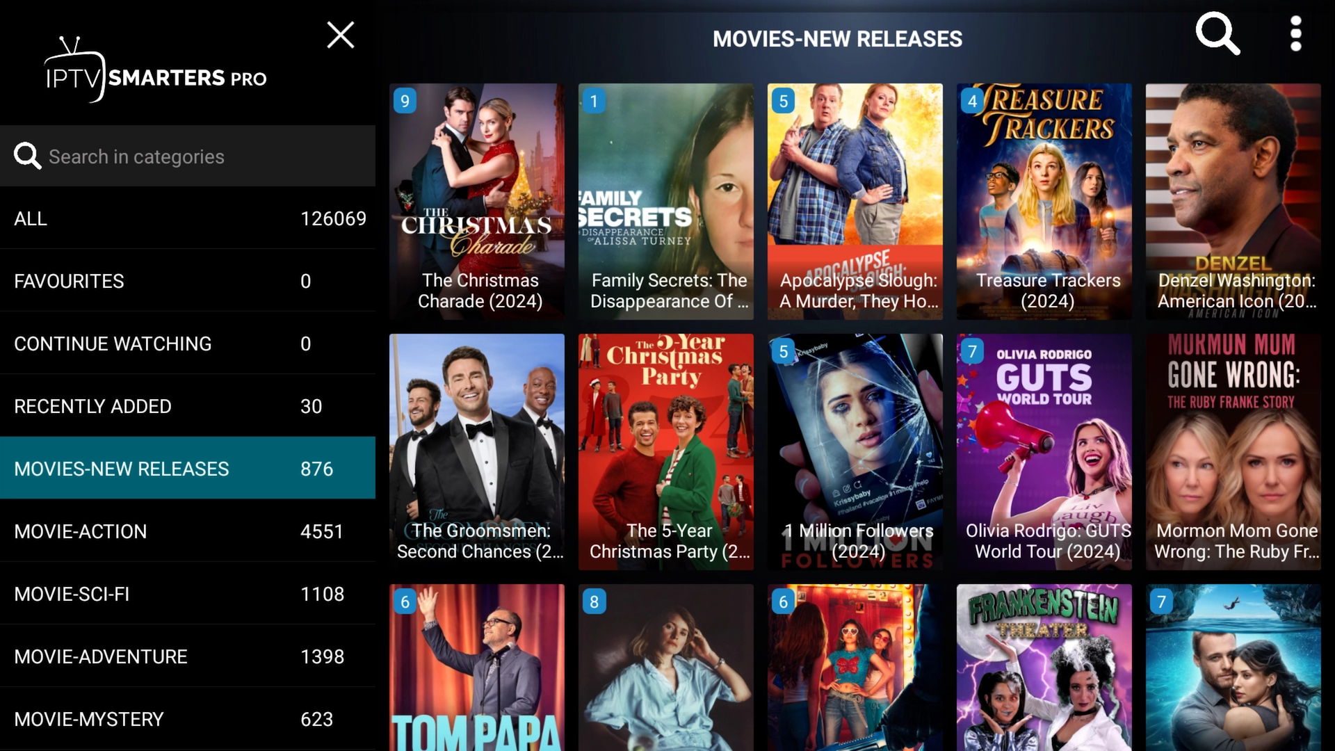 Movie library displayed in IPTV Smarters