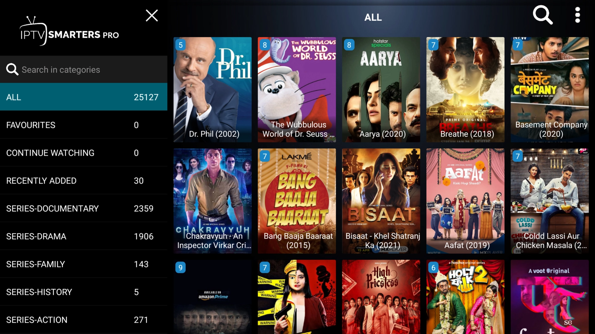 TV series library displayed in IPTV Smarters