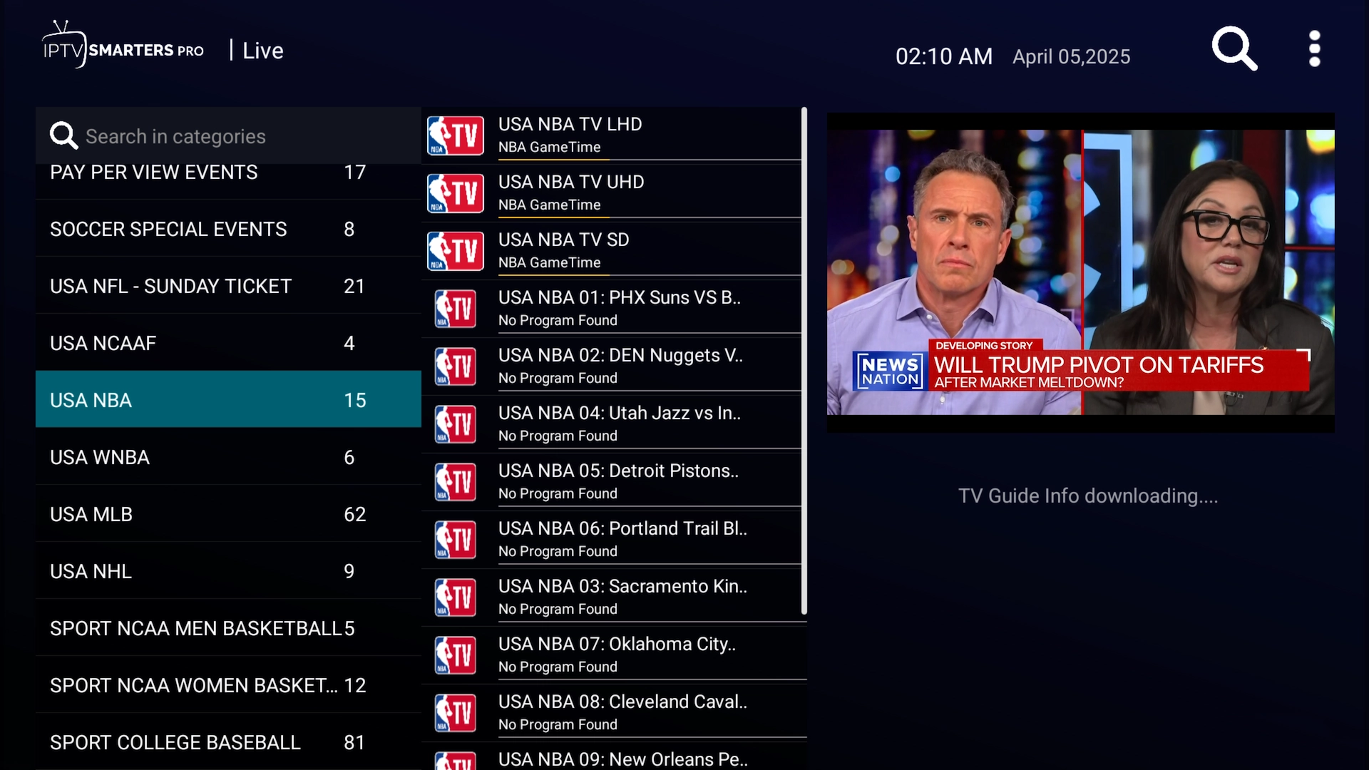 Sports category displayed in IPTV Smarters