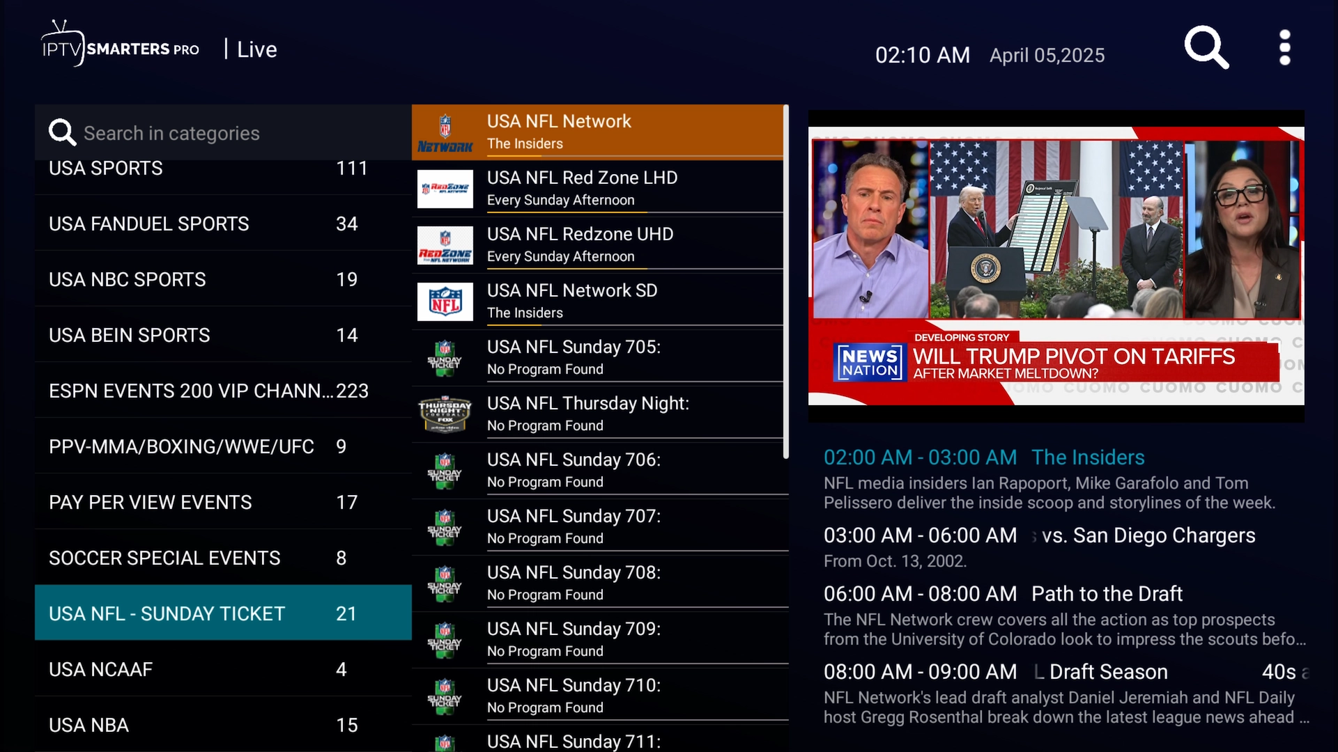 Additional sports categories displayed in IPTV Smarters