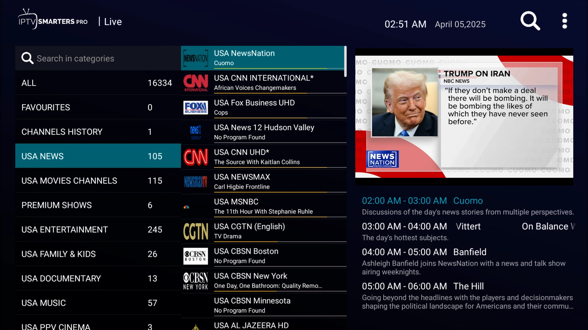 News channels displayed in IPTV Smarters