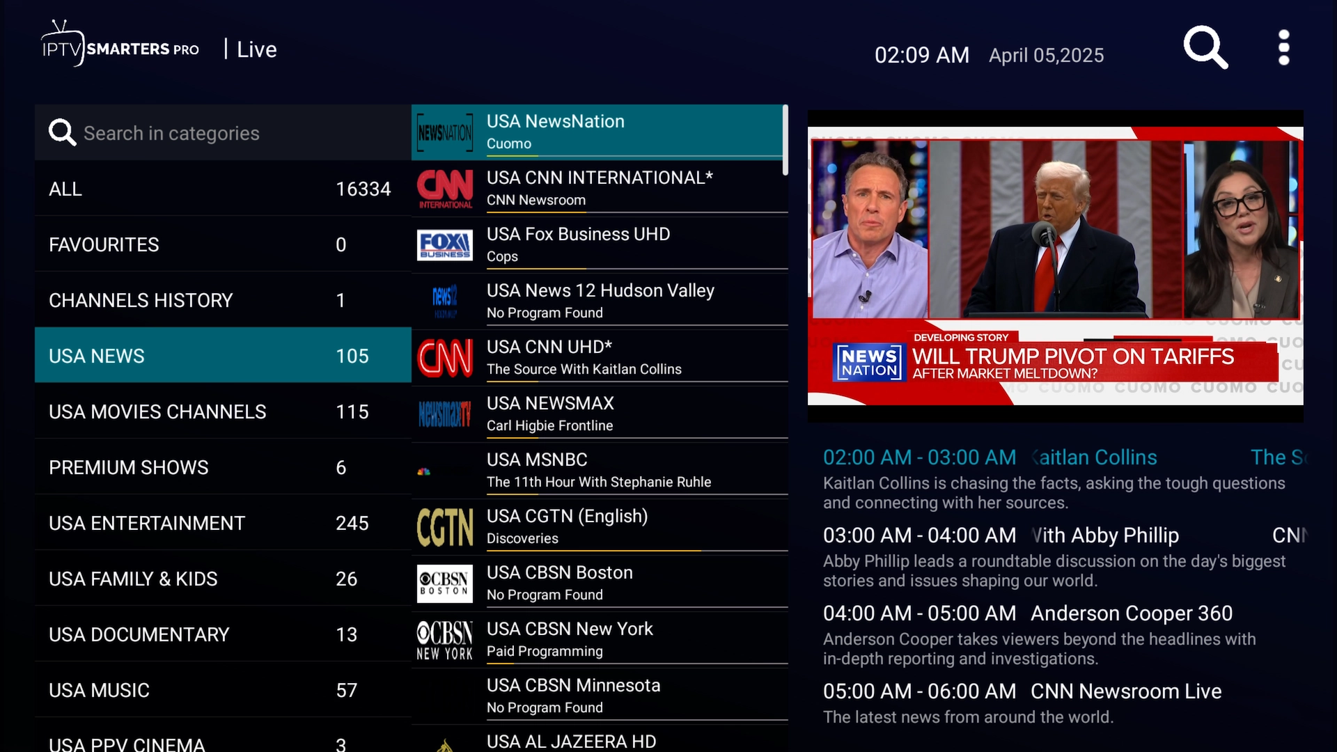 News categories displayed in IPTV Smarters