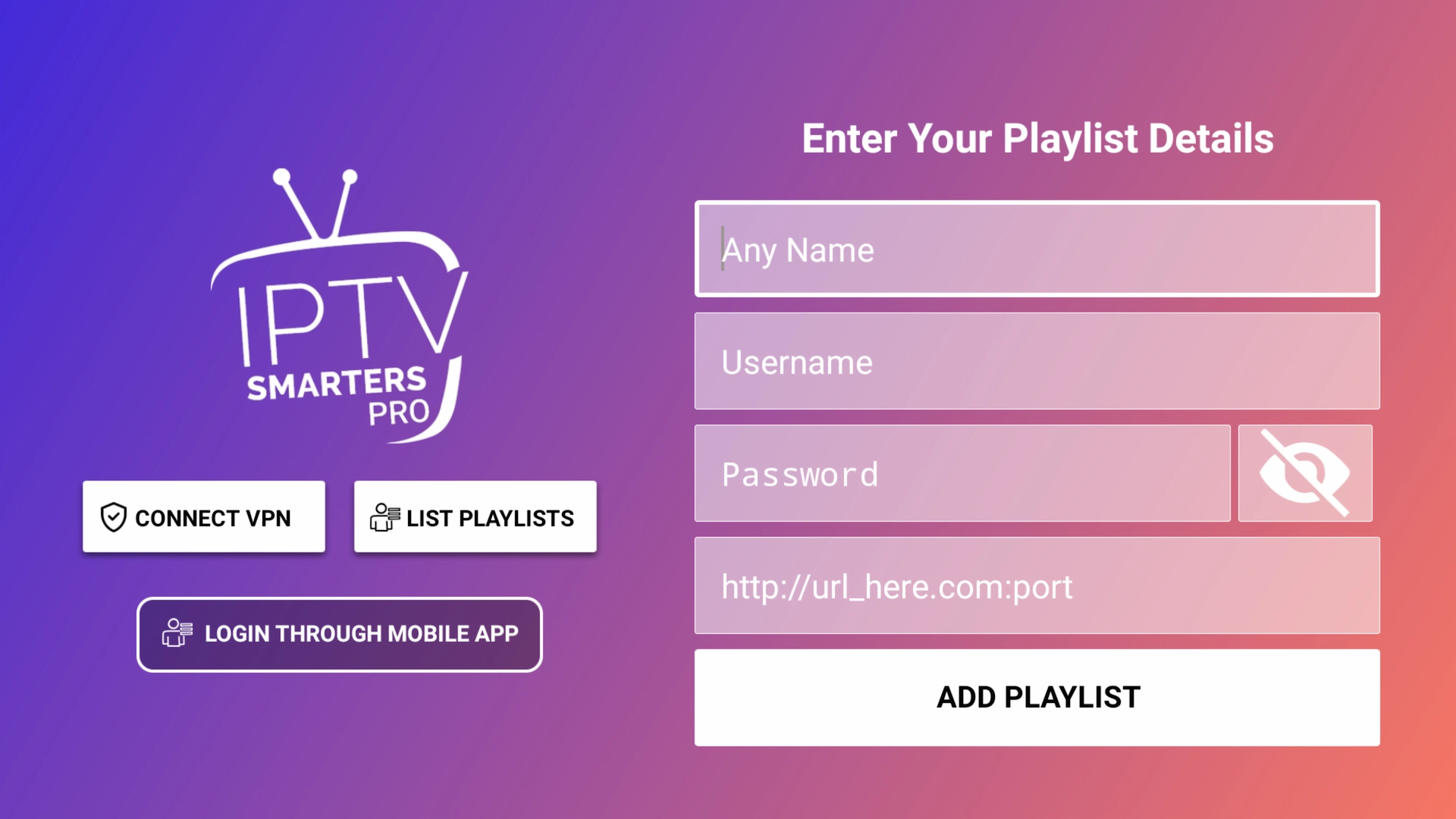 IPTV Smarters Xtream Codes login screen