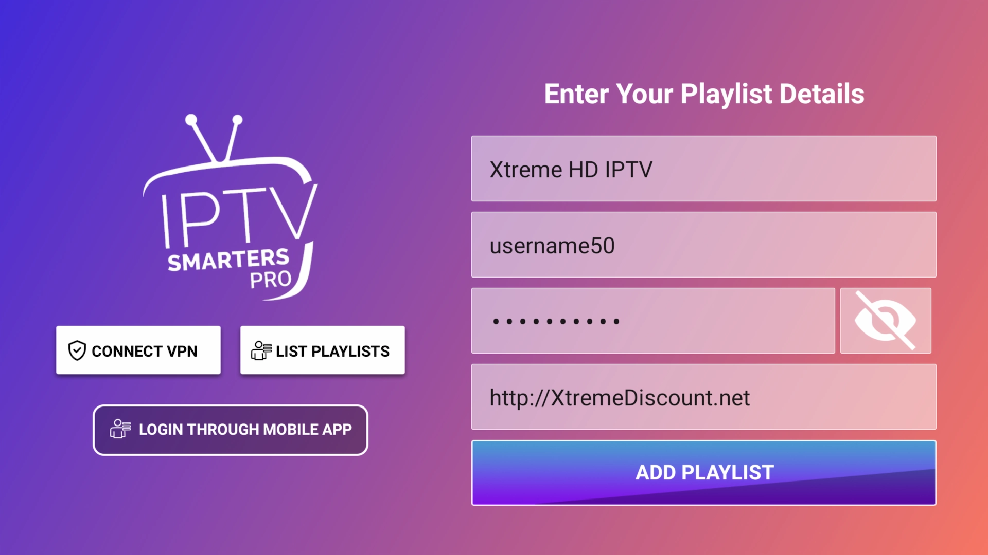 Example IPTV login information entered into IPTV Smarters