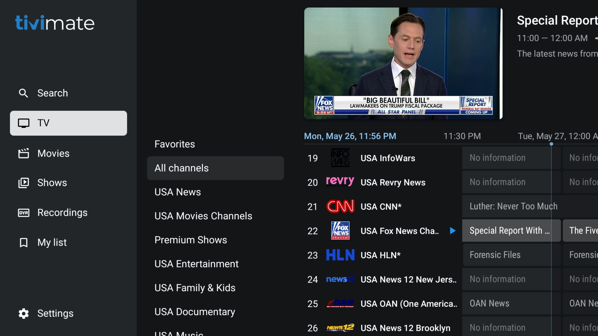 TiviMate menu for live TV movies and series