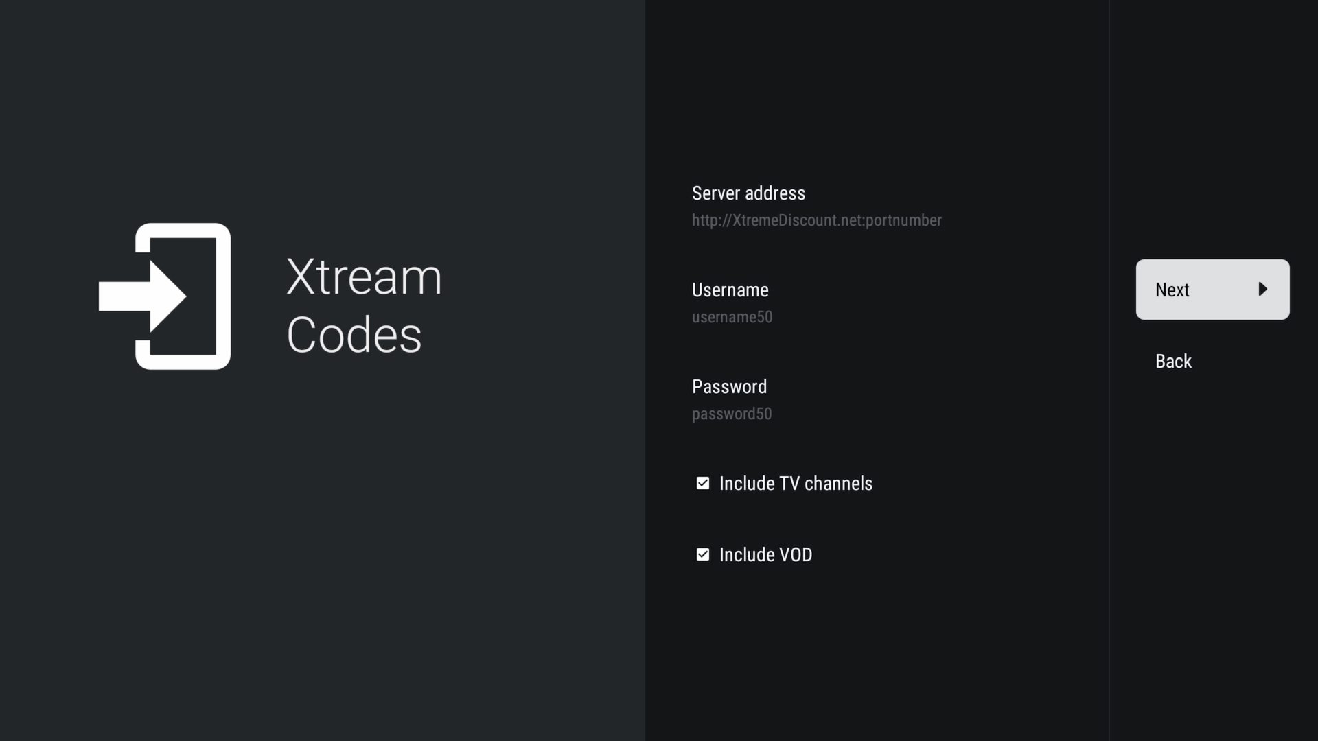 IPTV Server URL username and password entered into TiviMate